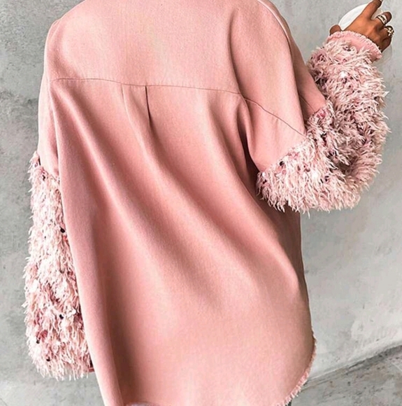 Spring & Fall Turn-Down Collar Contrast Sequin Raw Hem Button Front Shacket - Picture 2 of 6